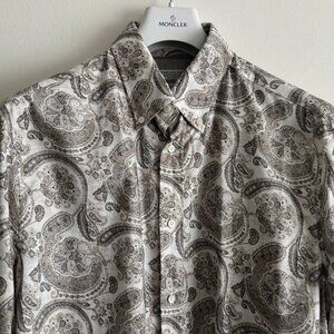 $1250 Brunello Cucinelli White Cotton Shirt With Brown Paisley Print - XL